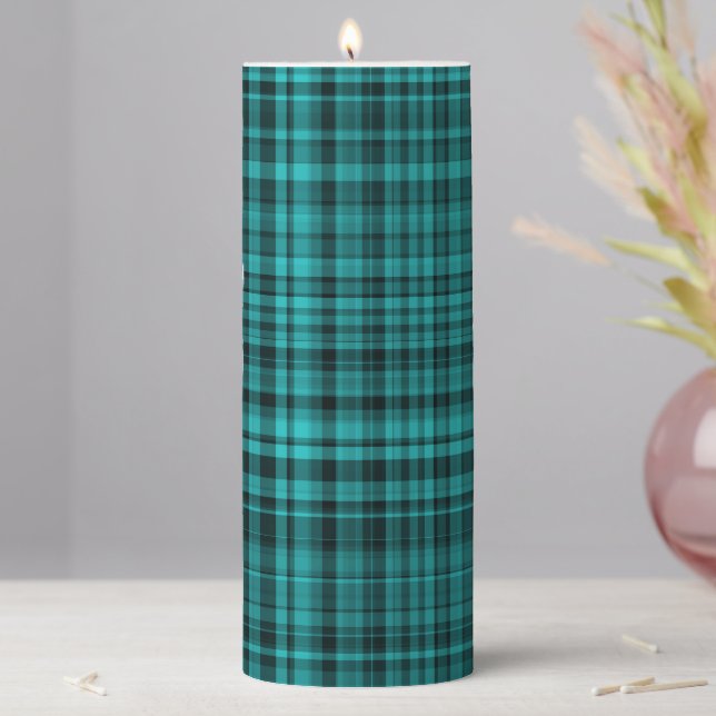 Teal Black Plaid Pattern Pillar Candle (In Situ)