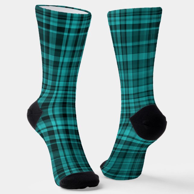 Teal Black Plaid Pattern Socks (Angled)