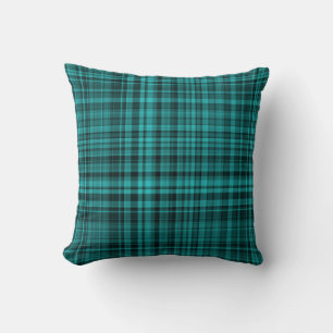 Teal Black Plaid Pattern Throw Pillow