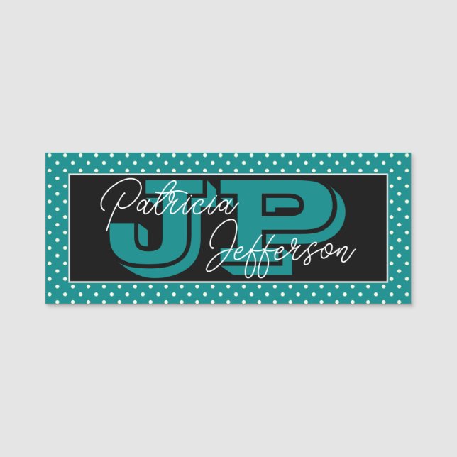 Teal Black Polka Dot Handwritten Monogram Name Tag (Front)