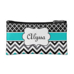 Teal Black Quatrefoil and Chevron Personalized Makeup Bag at Zazzle