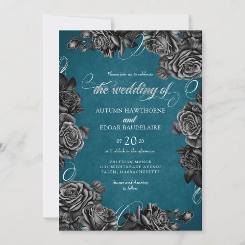 Teal Black Roses Wedding Invitation