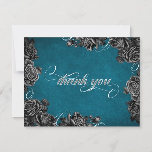 Teal Black Roses Wedding Thank You Card