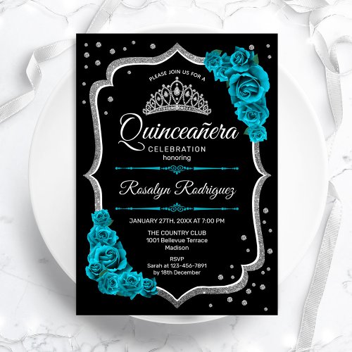 Teal Black Silver Elegant Quinceanera Invitation