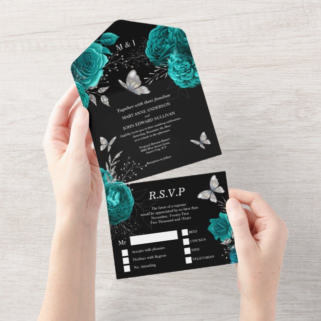 Teal black silver rose elegant butterfly glam all in one invitation (Tearaway)