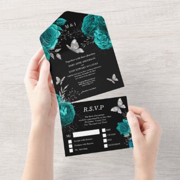 Teal Black Silver Rose Elegant Butterfly Glam All In One Invitation by mensgifts at Zazzle