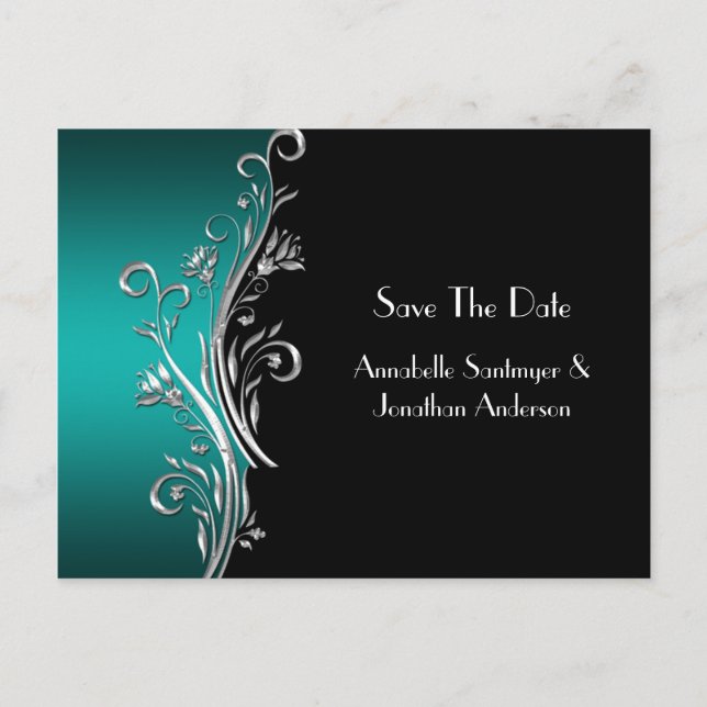 Teal Black Silver Swirls Save The Date Announcement Postcard (Front)
