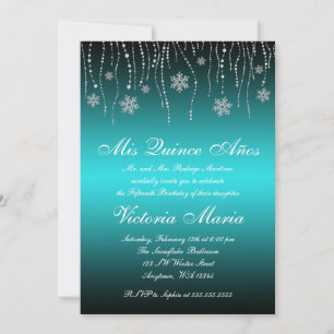 Teal Black Snowflakes Quinceanera Birthday Party Invitation