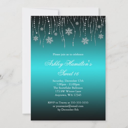 Teal Black Snowflakes Sweet 16 Winter Wonderland Custom Invitation