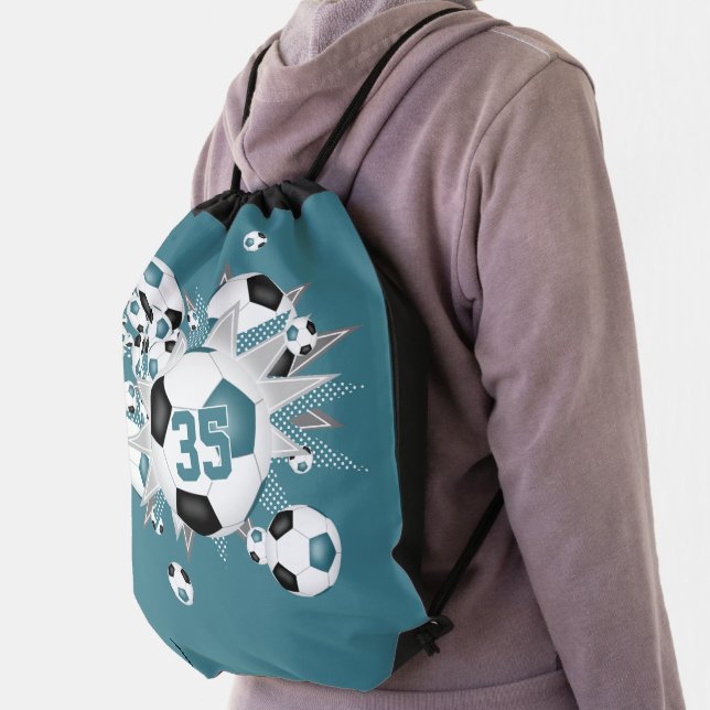 Teal black soccer ball blowout girls jersey number drawstring bag (Insitu)