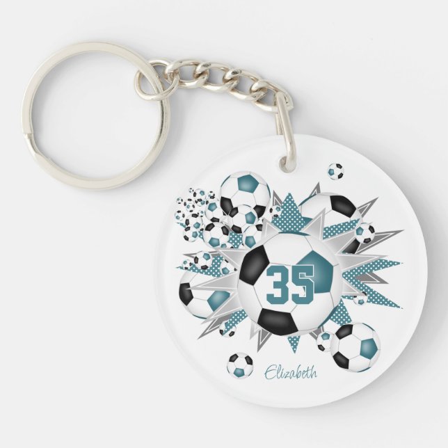 Teal black soccer ball blowout girls jersey number keychain (Front)