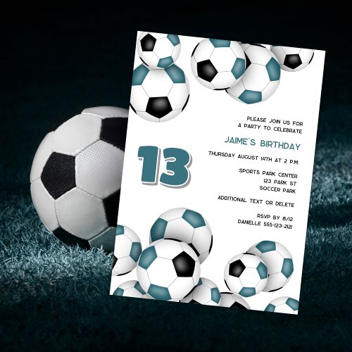 teal black soccer sports themed birthday party announcement