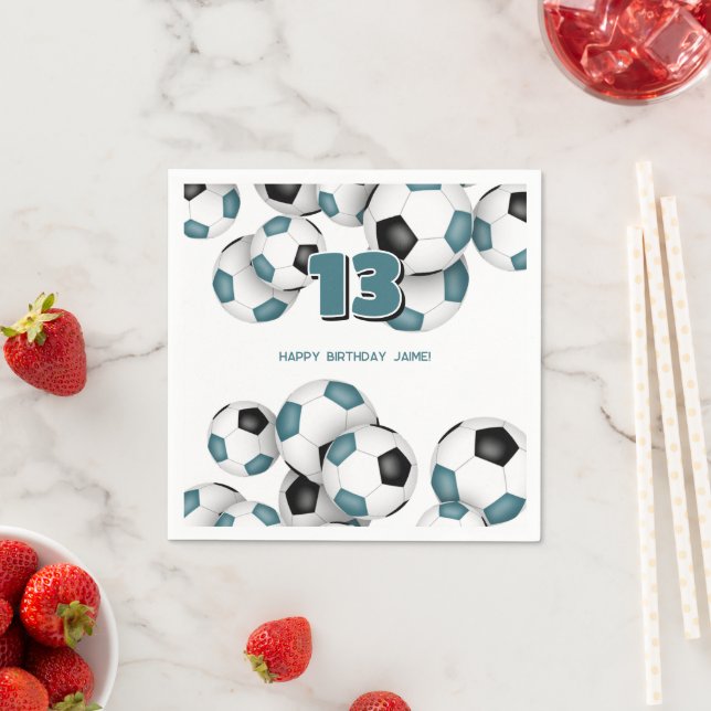 teal black soccer balls kids sports birthday party napkins (Insitu)
