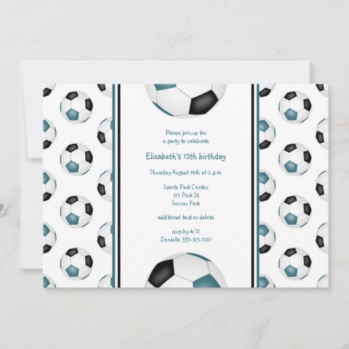 teal black soccer balls pattern birthday party invitation