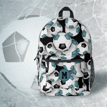 Teal Black Soccer Balls Pattern Monogrammed Printed Backpack by katz_d_zynes at Zazzle