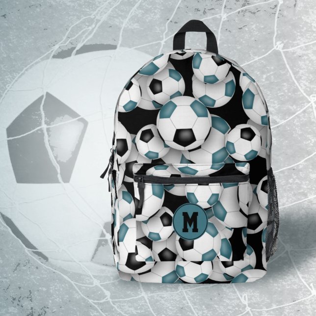 teal black soccer balls pattern monogrammed printed backpack (Creator Uploaded)