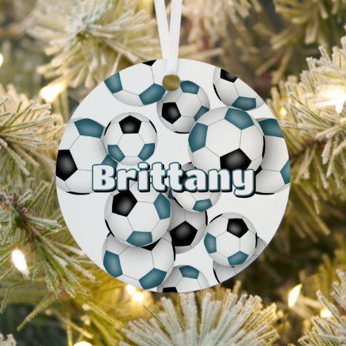 teal black soccer balls sports keepsake metal ornament