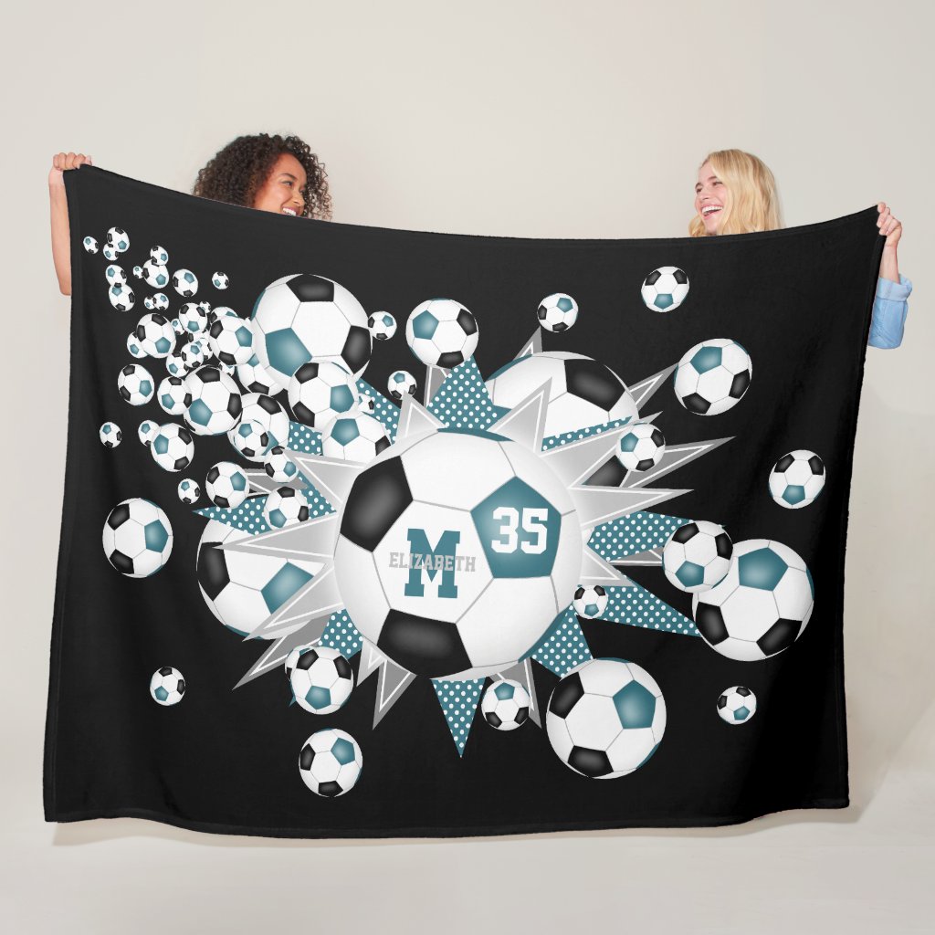 teal black soccer balls stars girls sports decor fleece blanket