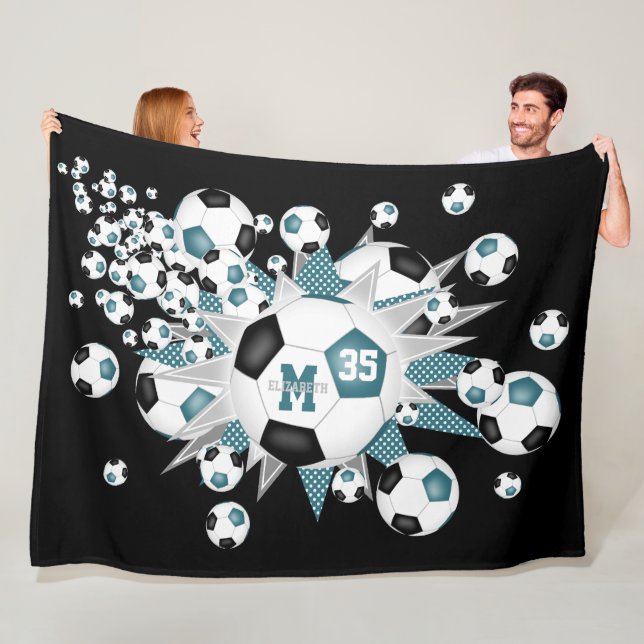 teal black soccer balls stars girls sports decor fleece blanket (In Situ)