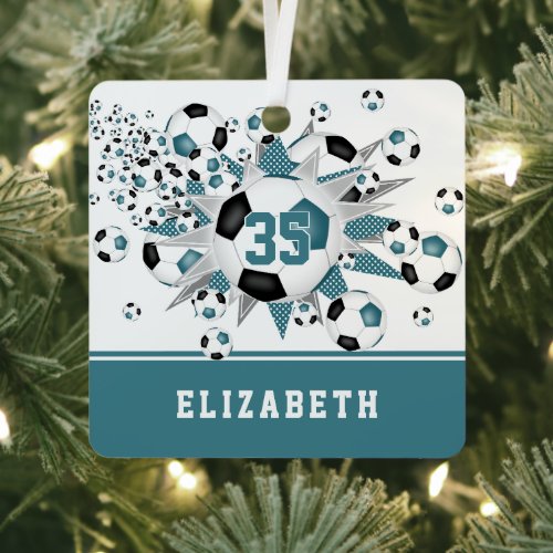 teal black soccer balls stars personalized  metal ornament
