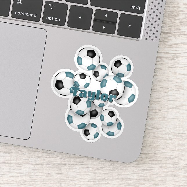 teal black soccer balls sticker with name (Detail)