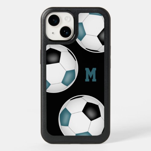 Teal black soccer team spirit monogrammed  OtterBox iPhone 14 case