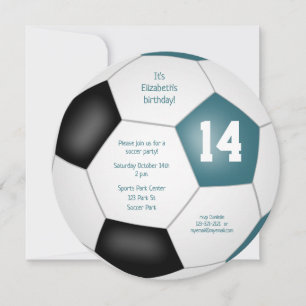teal black soccer themed birthday party announcement