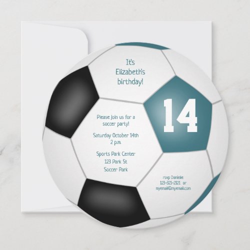 teal black soccer themed birthday party announcement