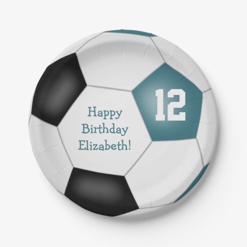 teal black soccer themed birthday party paper plates
