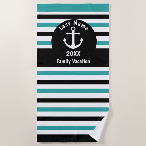 Teal Black Striped  Personalized Family Beach Towel