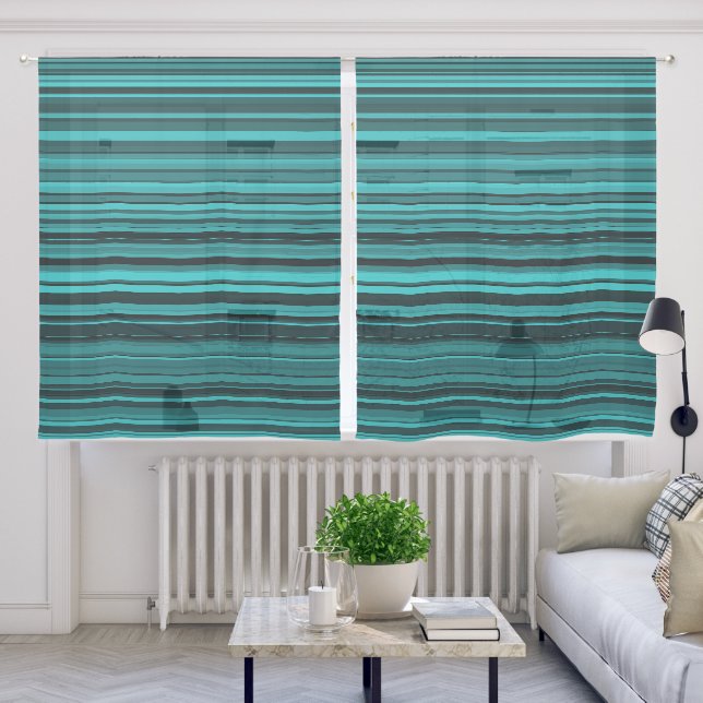Teal Black Stripes Sheer Curtains (Living Room)