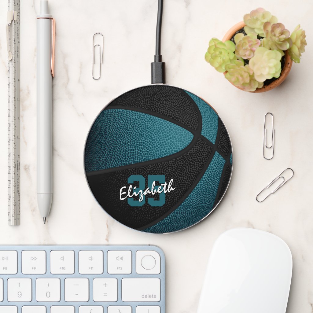 teal black team colors girls boys basketball wireless charger
