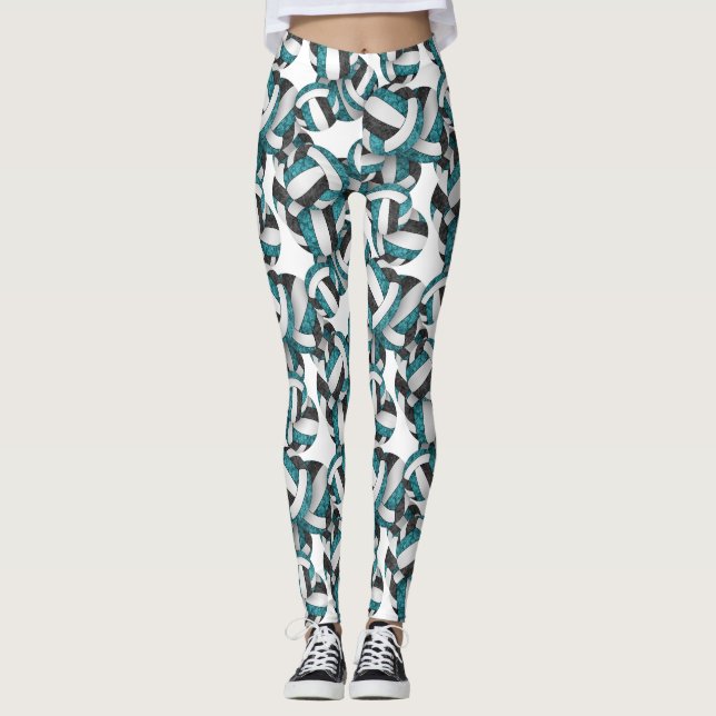 Teal black team colors girly volleyballs pattern leggings (Front)