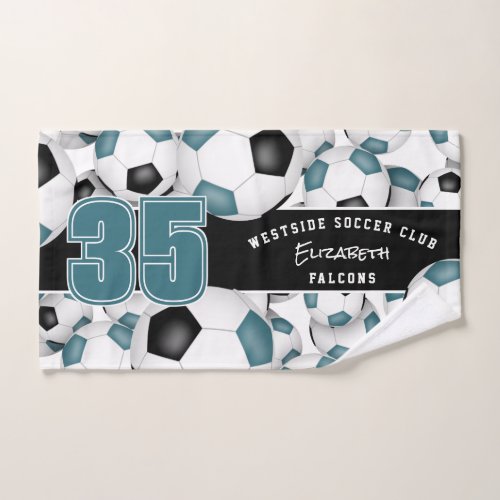 teal black team colors Lots of soccer balls sports Hand Towel