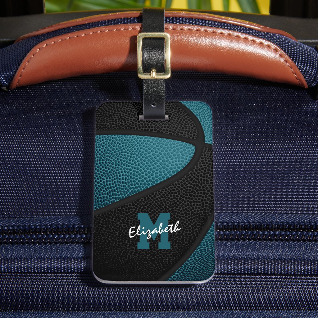 teal black team colors personalized basketball luggage tag