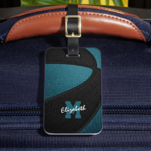 teal black team colors personalized basketball luggage tag