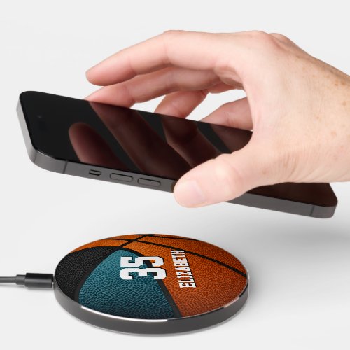 teal black team colors personalized basketball wireless charger 