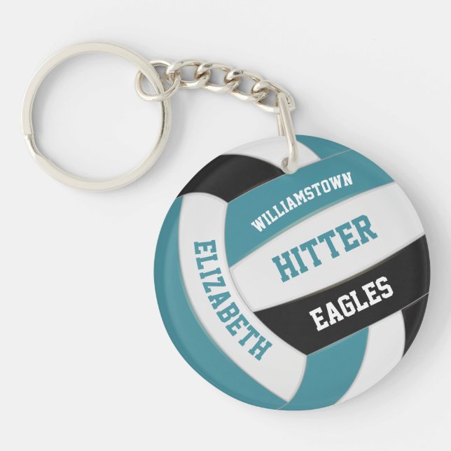 teal black team colors personalized volleyball keychain (Front)
