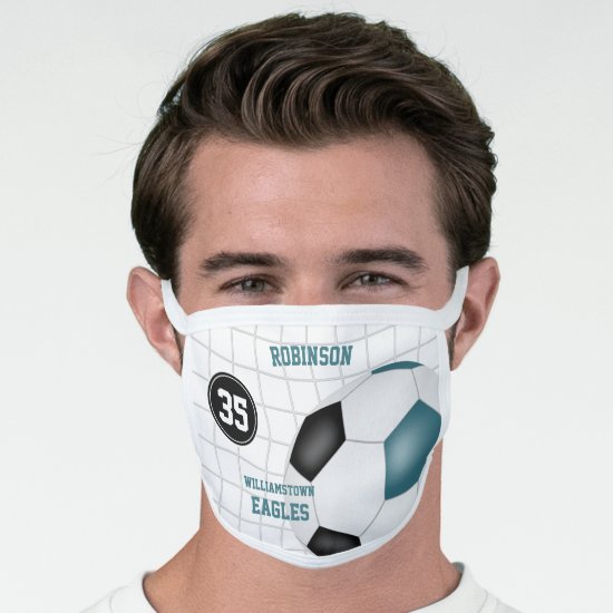 teal black team colors player name number soccer face mask