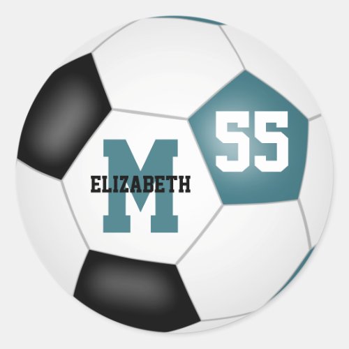 teal black team colors soccer ball personalized classic round sticker