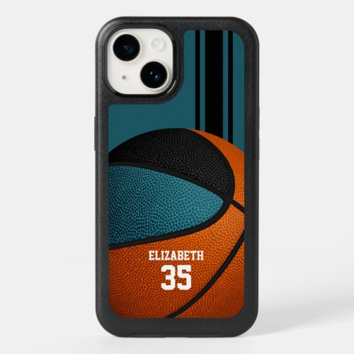 teal black team colors varsity stripes basketball OtterBox iPhone 14 case