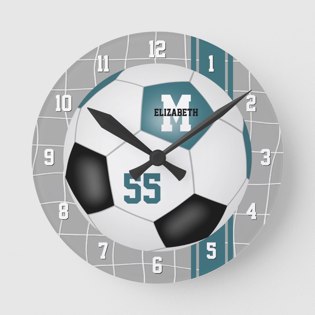 teal black team colors varsity stripes soccer wall clock