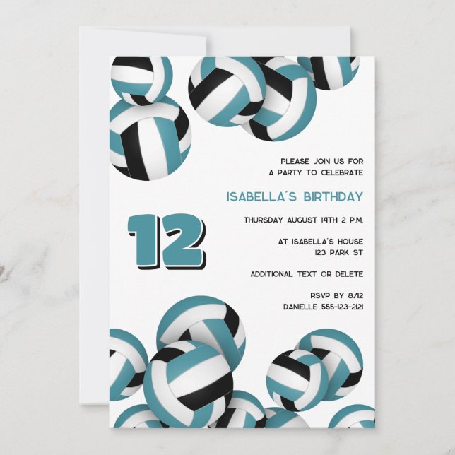 teal black team colors volleyball birthday party invitation (Front)