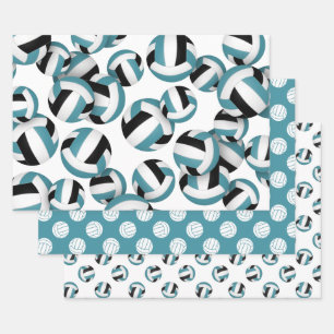teal black team colors volleyballs set of 3 wrapping paper sheets