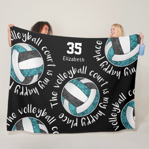 Teal black The volleyball court is my happy place Fleece Blanket