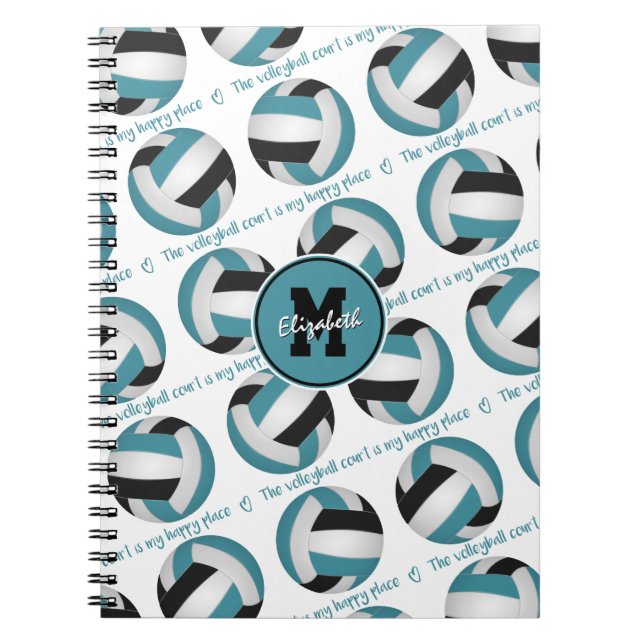 teal black The volleyball court is my happy place Notebook (Front)