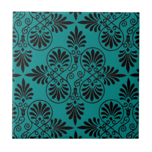 Teal Black Tile Pattern Greek Design Vintage