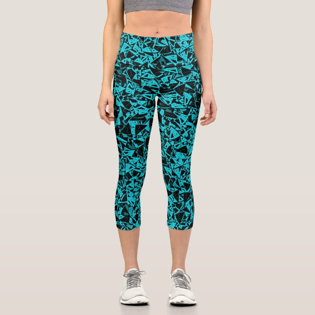 Teal Black Triangle Pattern Capri Leggings (Front)