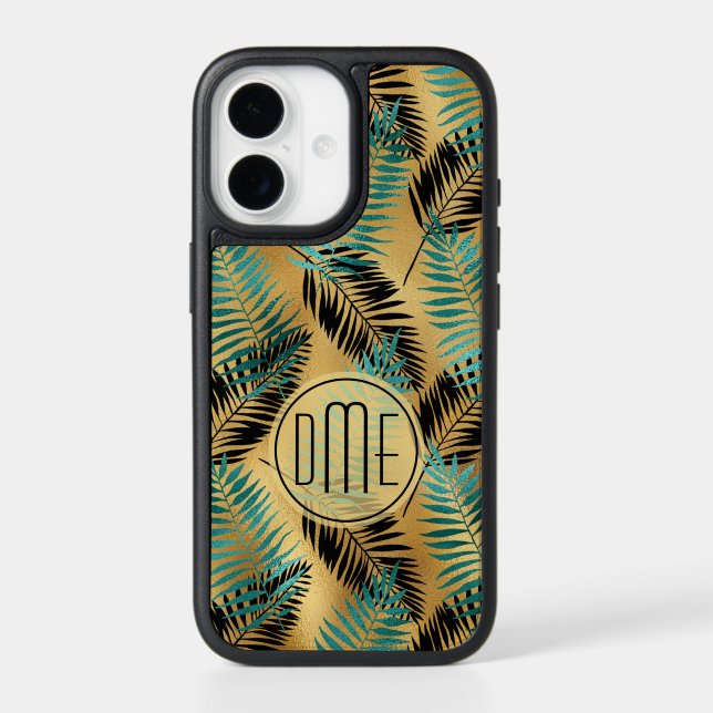 Teal Black Tropical Leaves on Gold Monogram Otterbox iPhone Case (Back)