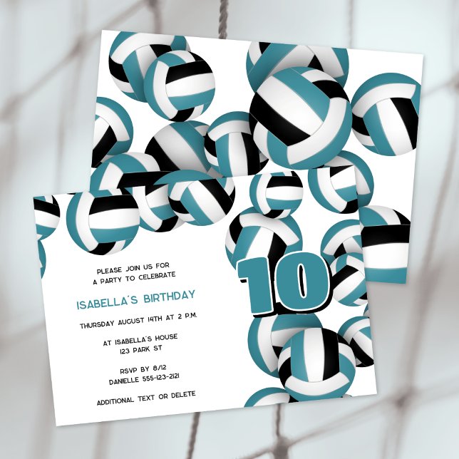 teal black volleyball boys girls birthday party invitation (front & back views)